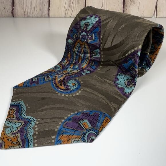 J.T. Beckett 100% Silk Tie Made in Italy Brown Paisley Geometric Vintage Necktie - Picture 1 of 7
